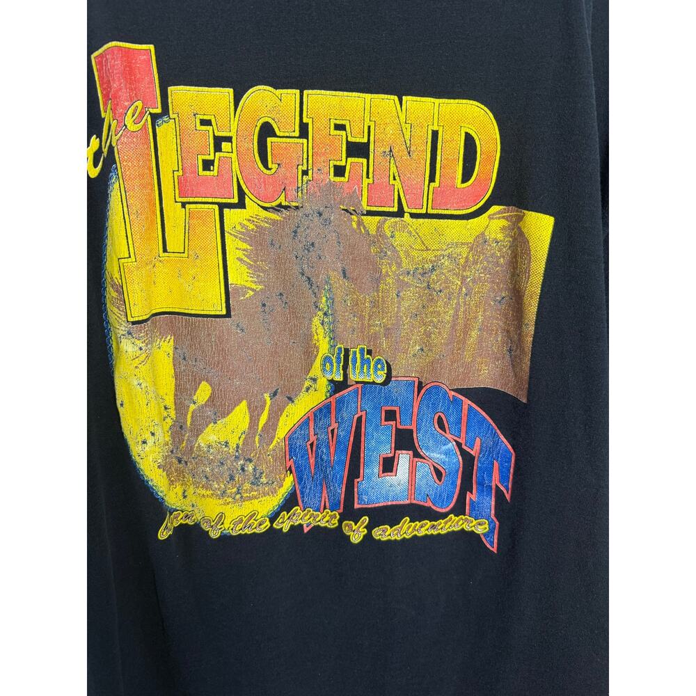 Vintage 90s Spirit of the West TShirt Men's Large Black Cowboy Horse Wild West